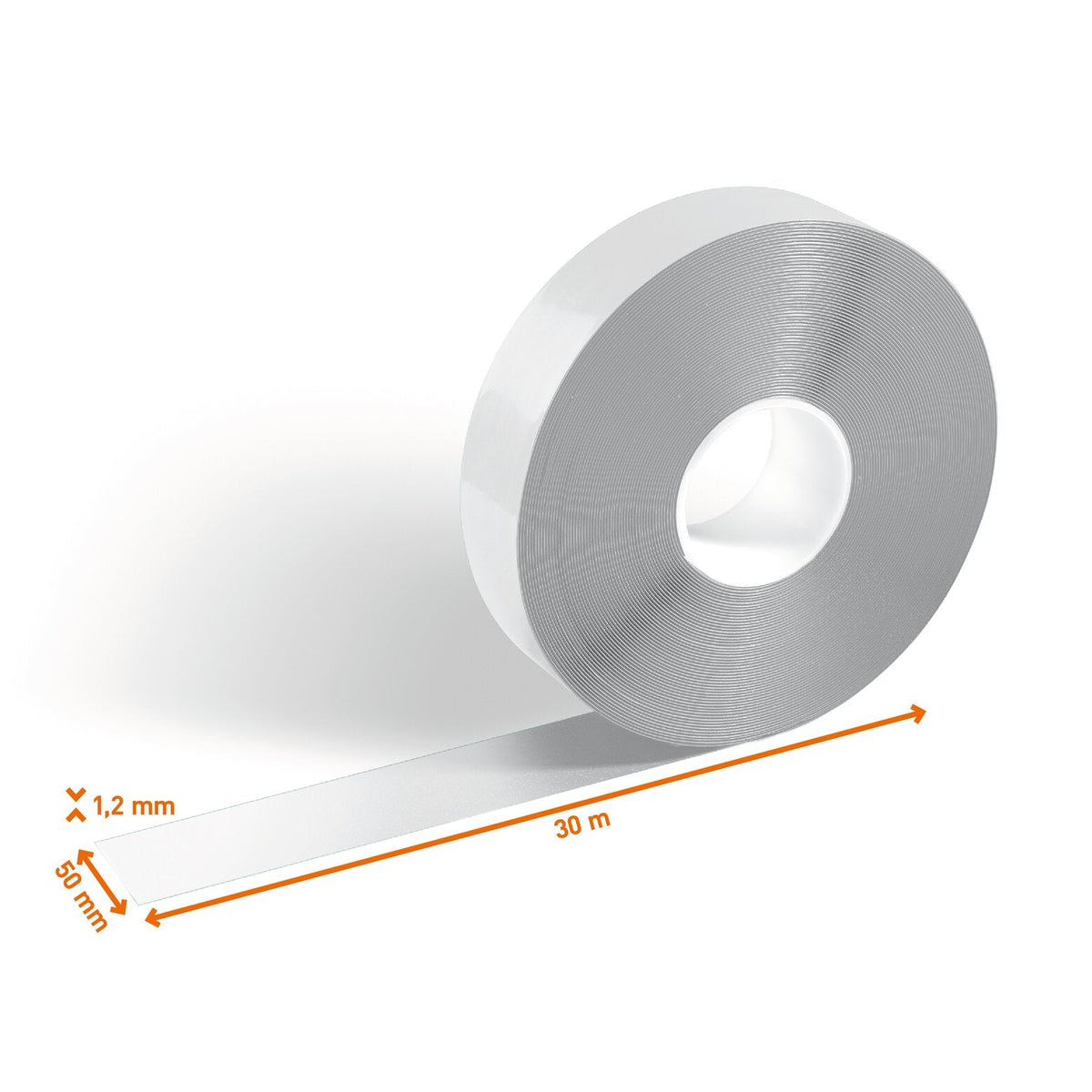 White DURALINE STRONG 50/12 floor marking tape roll with the 50 mm width, 30 m length and 1.2 mm thickness marked