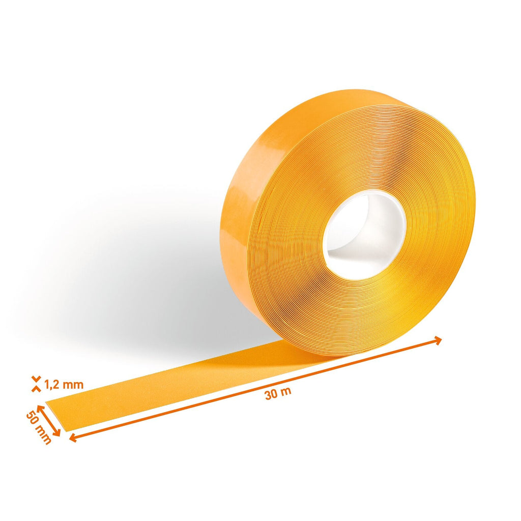 Yellow DURALINE STRONG 50/12 floor marking tape roll with the 50 mm width, 30 m length and 1.2 mm thickness marked
