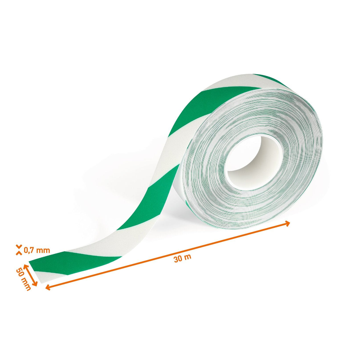 Green and white DURALINE 50/07 tape roll with the 50 mm width, 30 m length and 0.7 mm thickness marked