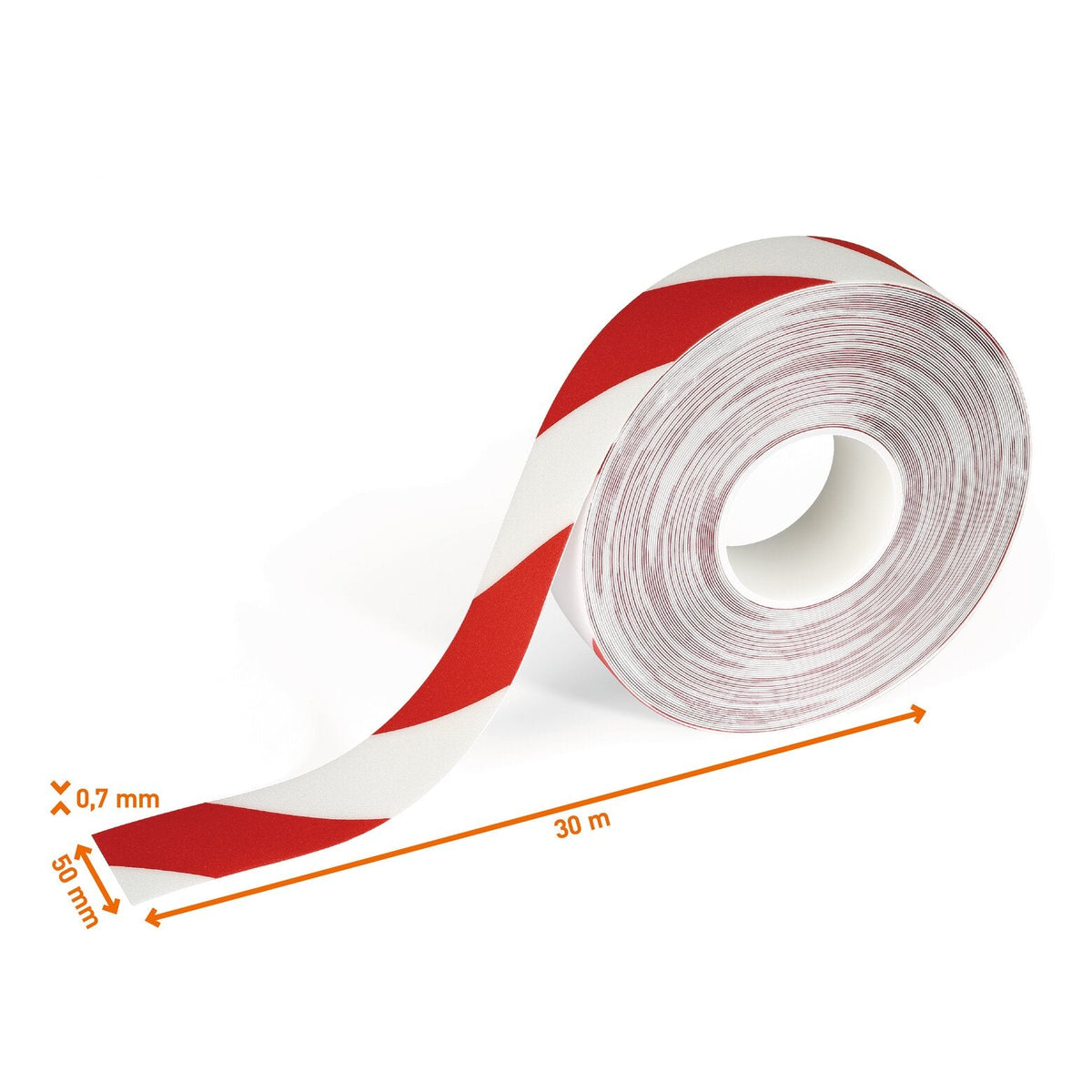Red and white DURALINE 50/07 tape roll with the 50 mm width, 30 m length and 0.7 mm thickness marked