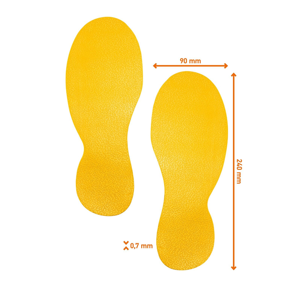Durable footprint floor marker dimension drawing: 90 x 240 mm per foot, 0.7 mm thick