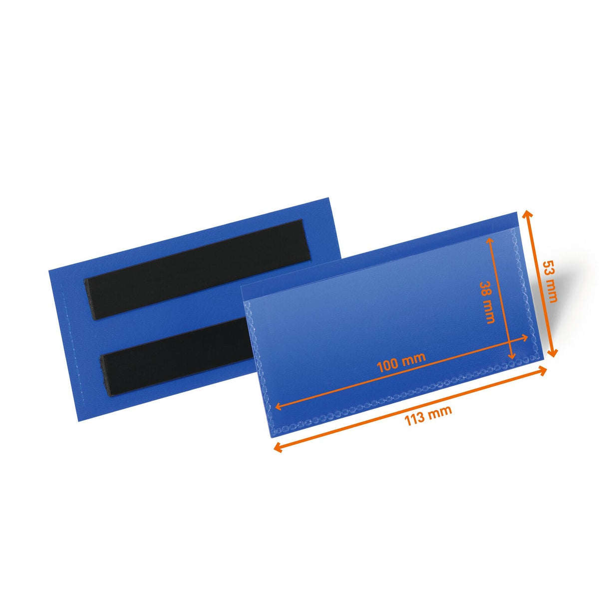 Durable 174107 magnetic label pouch front and back, drawing marked 100 x 38 mm insert and 113 x 53 mm outer size
