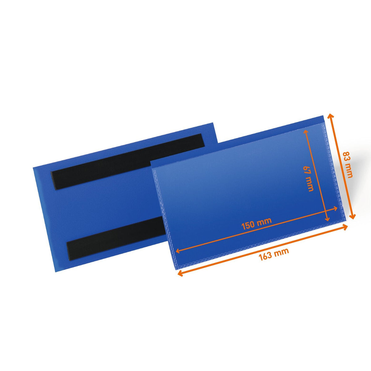 Durable 174207 magnetic label pouch front and back, drawing marked 150 x 67 mm insert and 163 x 83 mm outer size