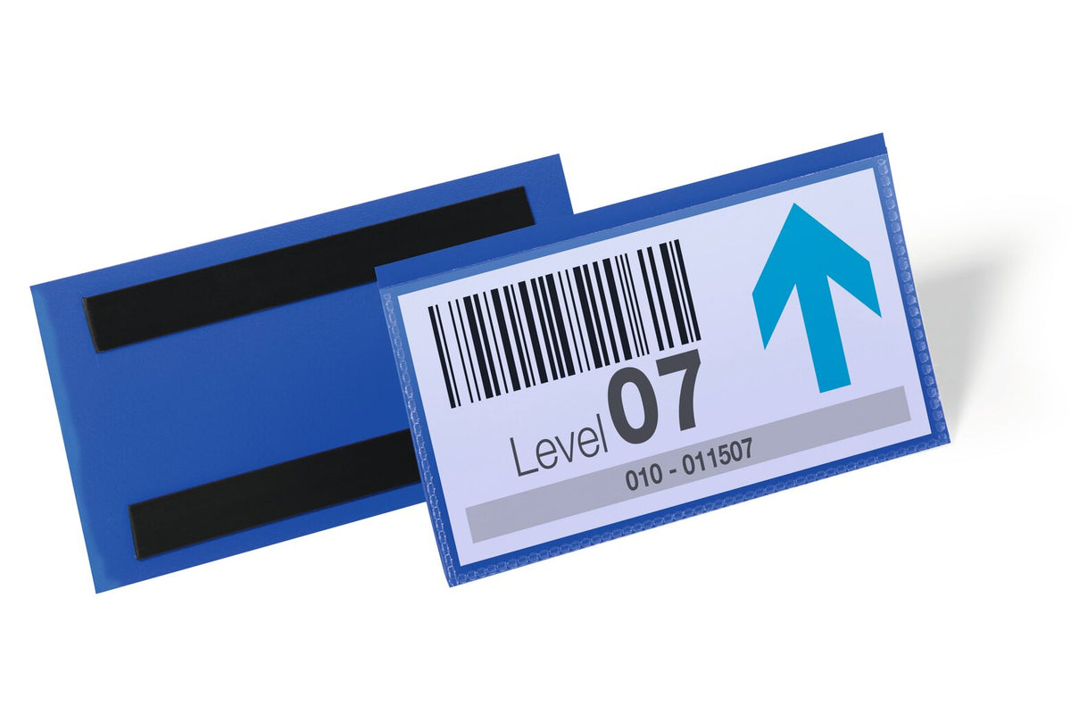 Durable magnetic label pouch holding a Level 07 location label, with a second pouch showing two magnetic strips