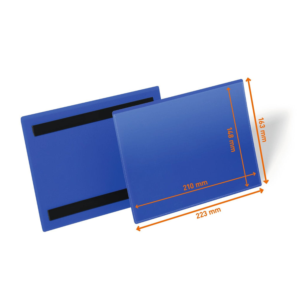 Durable 174307 A5 landscape magnetic pouch front and back, drawing marked 210 x 148 mm insert and 223 x 163 mm outer size