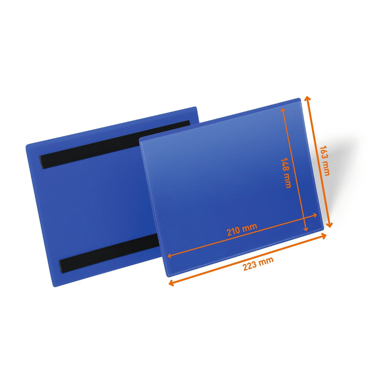 Durable 174307 A5 landscape magnetic pouch front and back, drawing marked 210 x 148 mm insert and 223 x 163 mm outer size