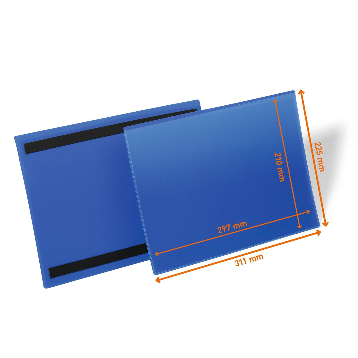 Durable 174507 A4 landscape magnetic pouch front and back, drawing marked 297 x 210 mm insert and 311 x 225 mm outer size