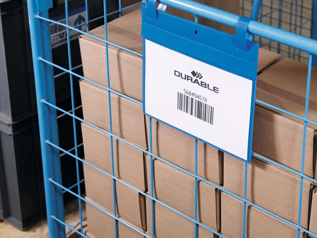 Durable A5 landscape strap pocket fastened to a blue mesh box with a barcode label inside