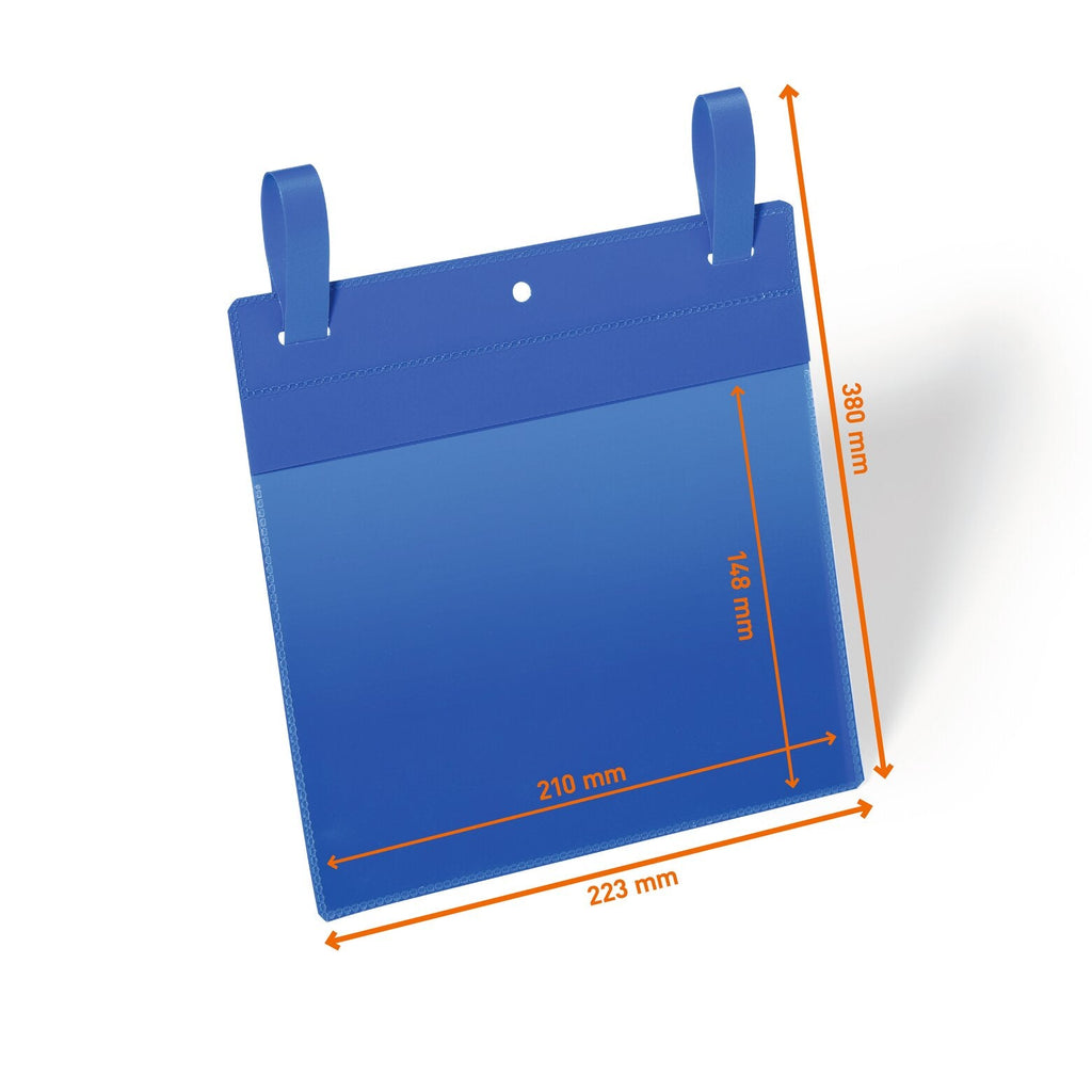 Durable 174907 A5 landscape logistics pocket with fastening straps, drawing marked 210 x 148 mm insert and 223 x 380 mm outer size