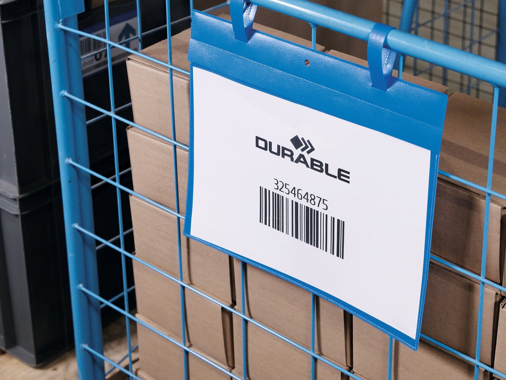 Durable A4 landscape logistics pocket strapped to a blue mesh box with a barcode label inside
