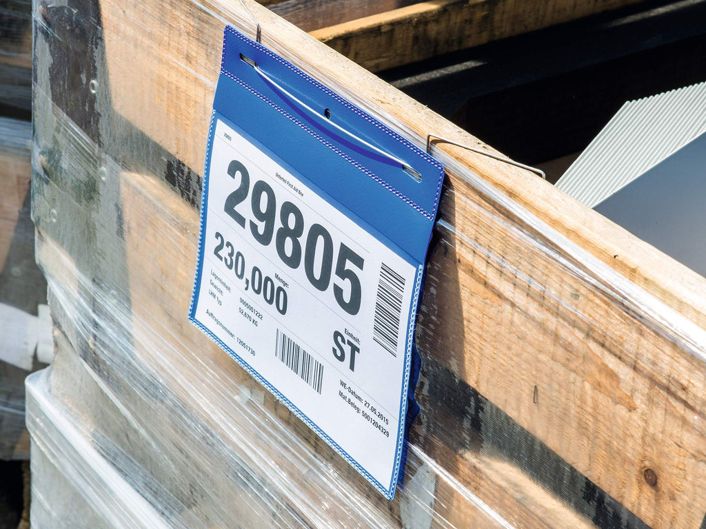 Durable A5 wire hanger pocket with a goods label hung on a wooden pallet box
