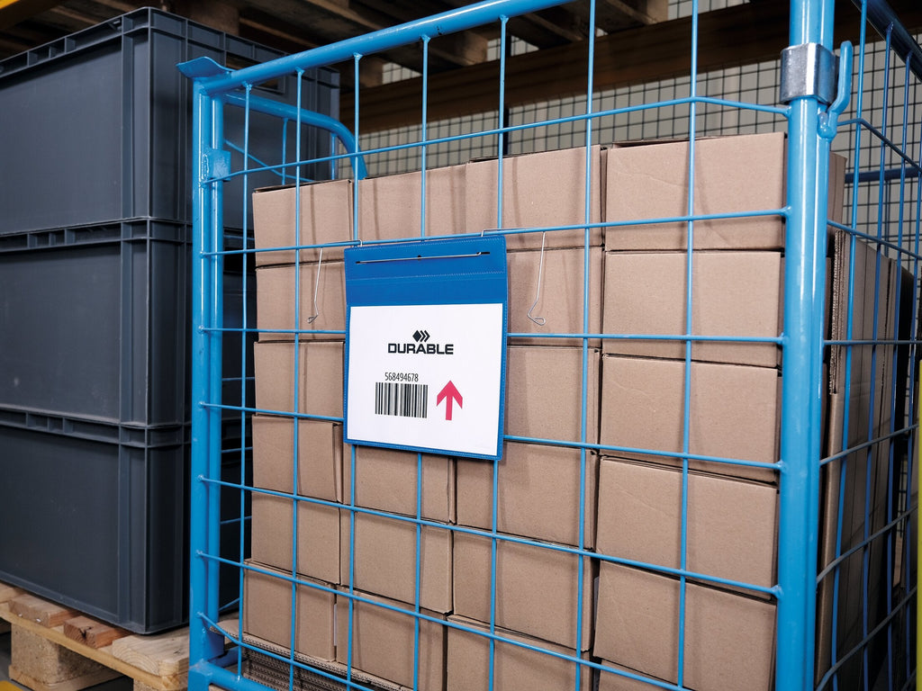 Durable A5 wire hanger pocket with a barcode label on a blue roll cage of cartons