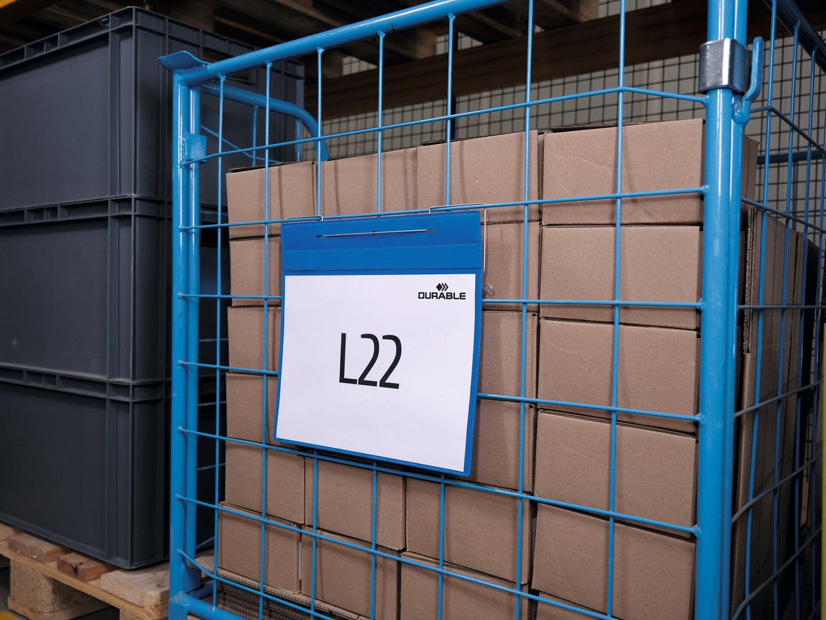 Durable A4 landscape wire hanger pocket with an L22 bay label on a blue roll cage