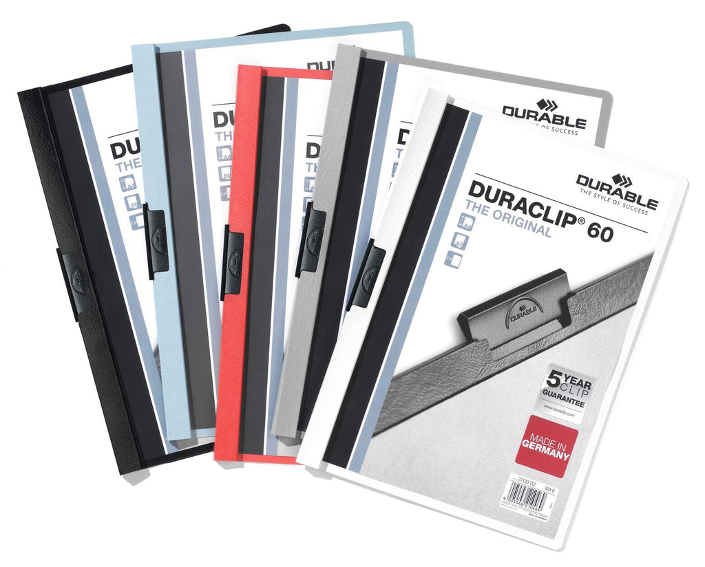 Durable Duraclip 60 range fanned out in several colours, white file at the front