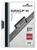 Durable Duraclip 60 A4 clip file with white spine and back cover, transparent front and black clip, Durable insert card visible