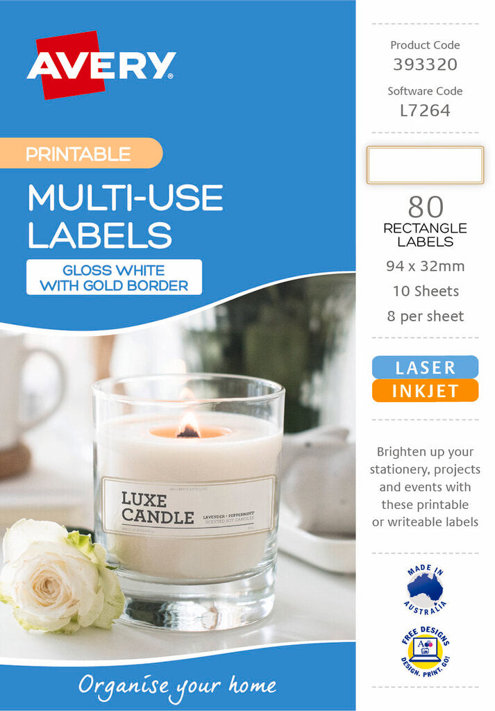 Avery Multi Use Labels With Gold Border 10 Pack 94x32mm Laser Inkjet 8UP