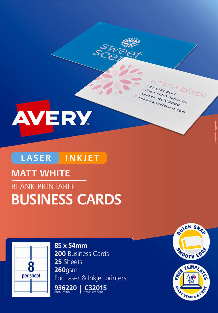 Avery White Quick and Clean Double Sided Inkjet Business Card Matt 250gsm 8UP