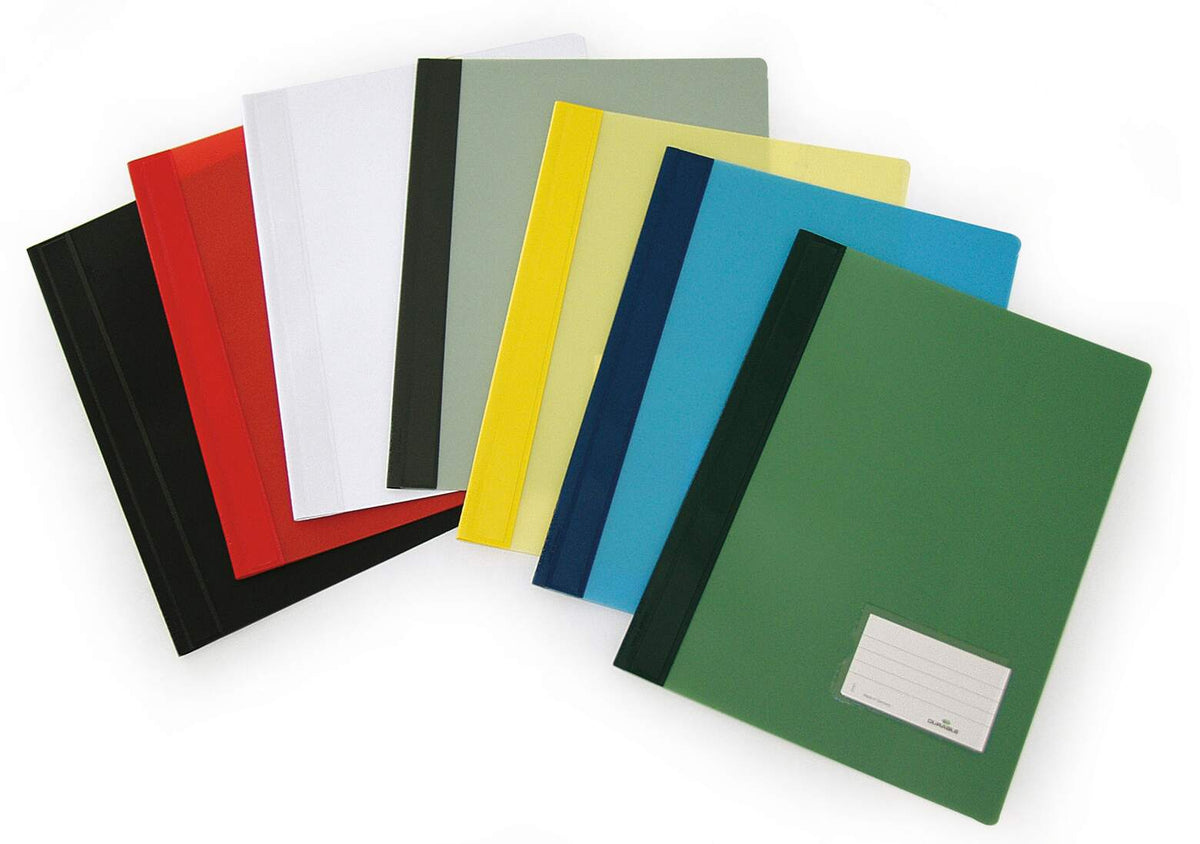 Durable DURALUX flat files fanned out in a range of colours including black, red, white, yellow, blue and green