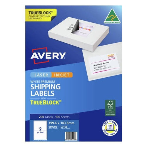 Avery Premium Shipping Labels TrueBlock 199.6 x 143.5mm 2UP 200 Labels