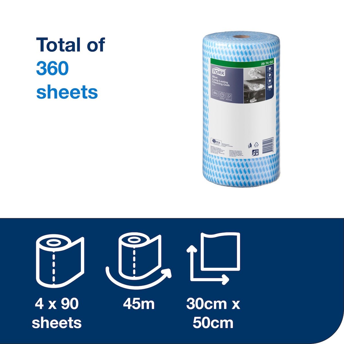Tork Blue Long Lasting Cleaning Cloth 90 Sheets 4 Rolls