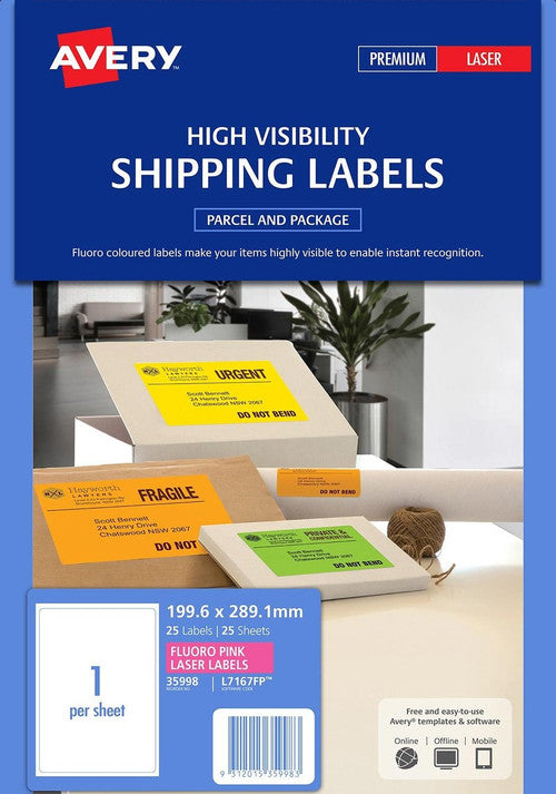 Avery Fluoro Pink High Visibility Shipping Labels L7167FP 199.6 x 289.1mm 1UP 25 Pack