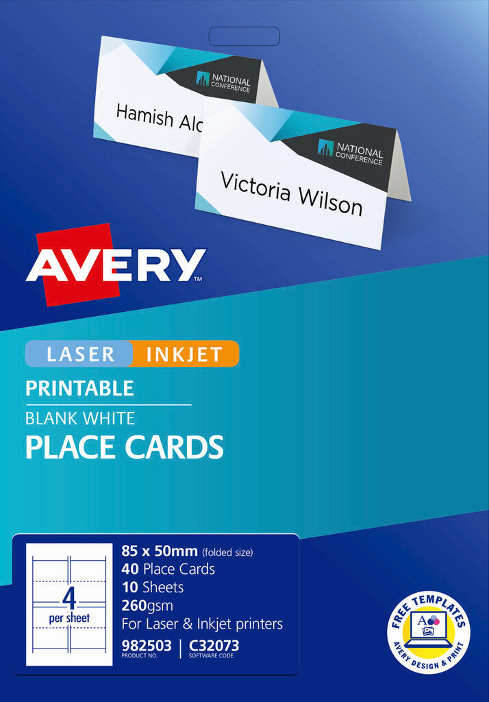 Avery Folded Place Cards C32073 40 Pack 85 x 50mm 4UP
