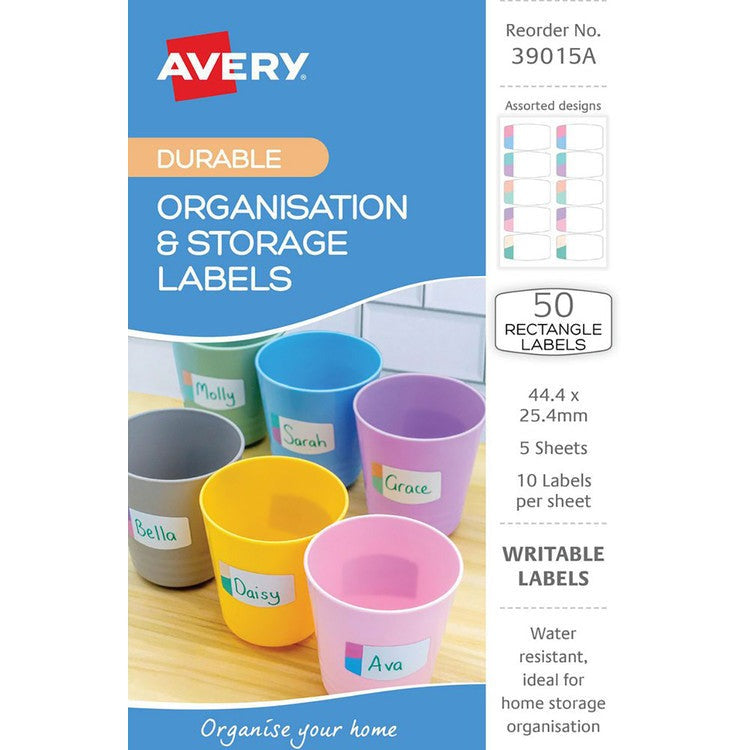 Avery Organisation and Storage Labels Pastel Design 44.4 x 25.4mm Rectangle Removable 50 Pack