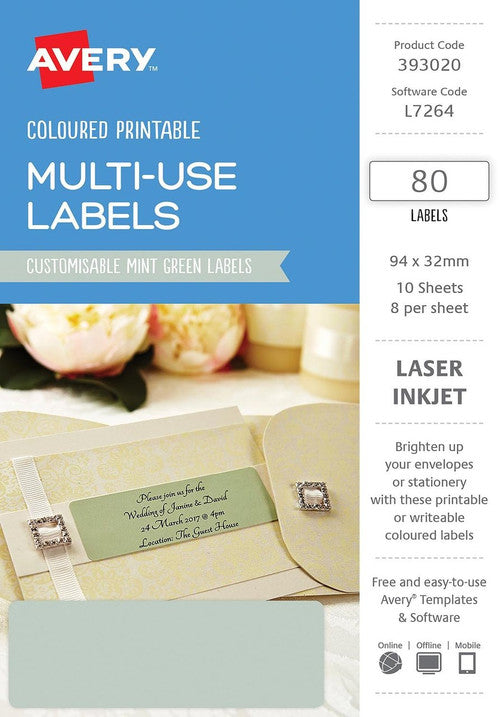 Avery Mint Green Coloured Labels 94 x 32mm Pack 80