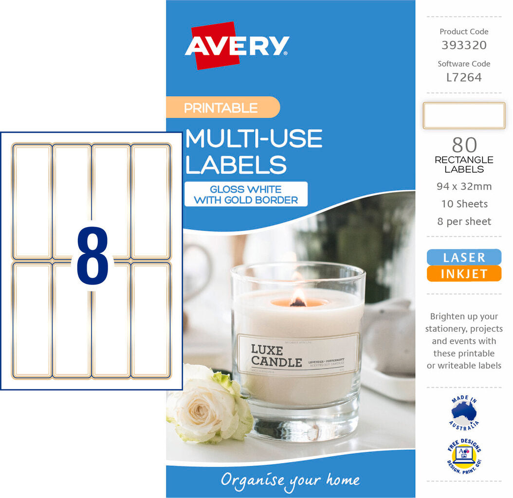 Avery Multi Use Labels With Gold Border 10 Pack 94x32mm Laser Inkjet 8UP