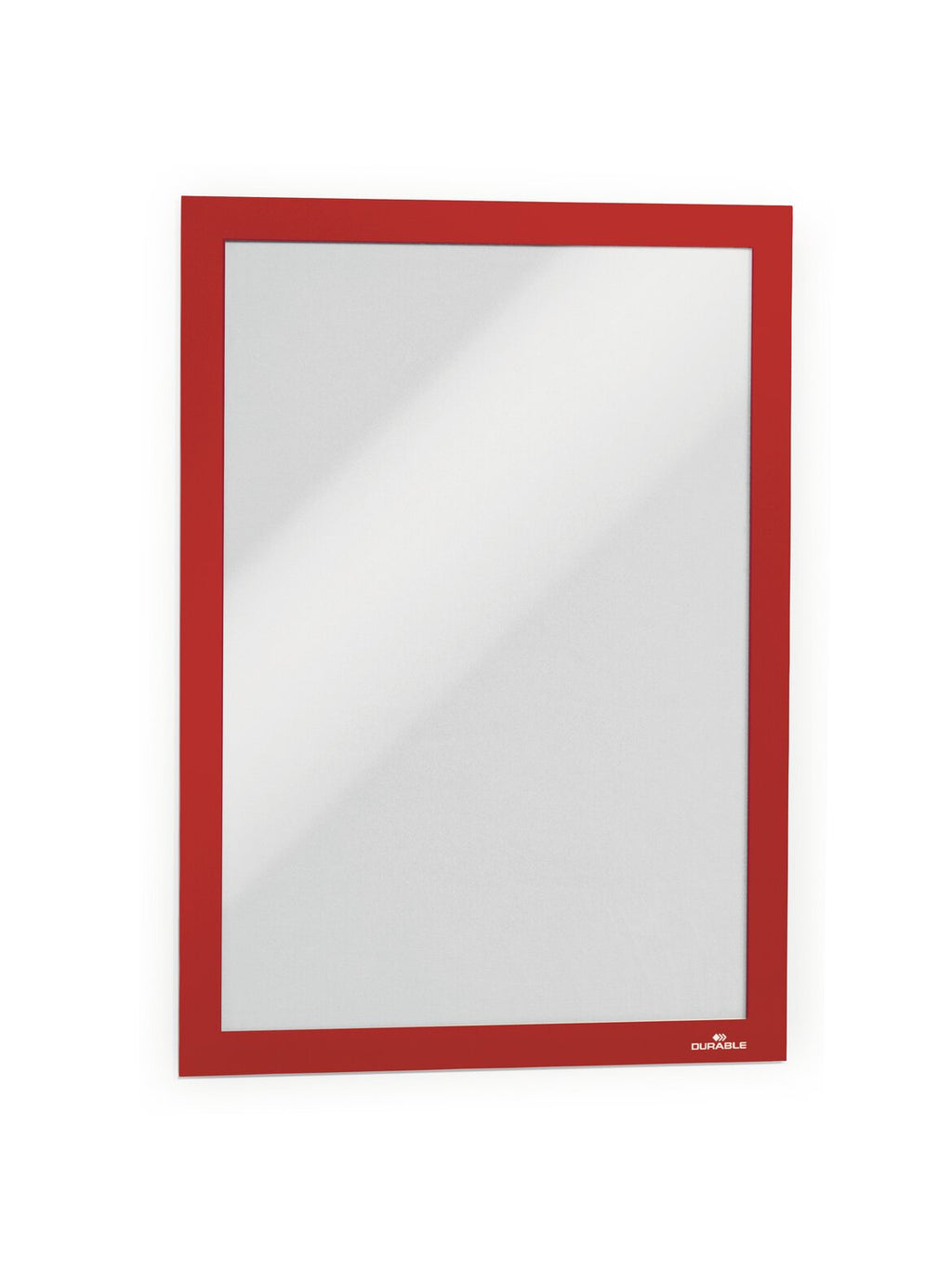 Durable Duraframe A4 sign holder with a red border, empty, front view on a white background