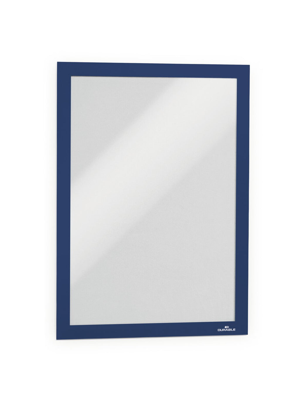 Durable Duraframe A4 sign holder with a dark blue border, empty, front view on a white background