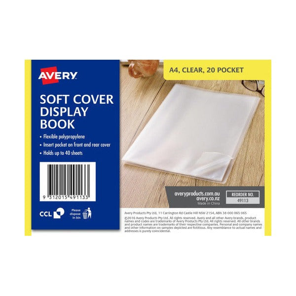 Avery Display Book Soft Cover A4 20 Pocket Clear