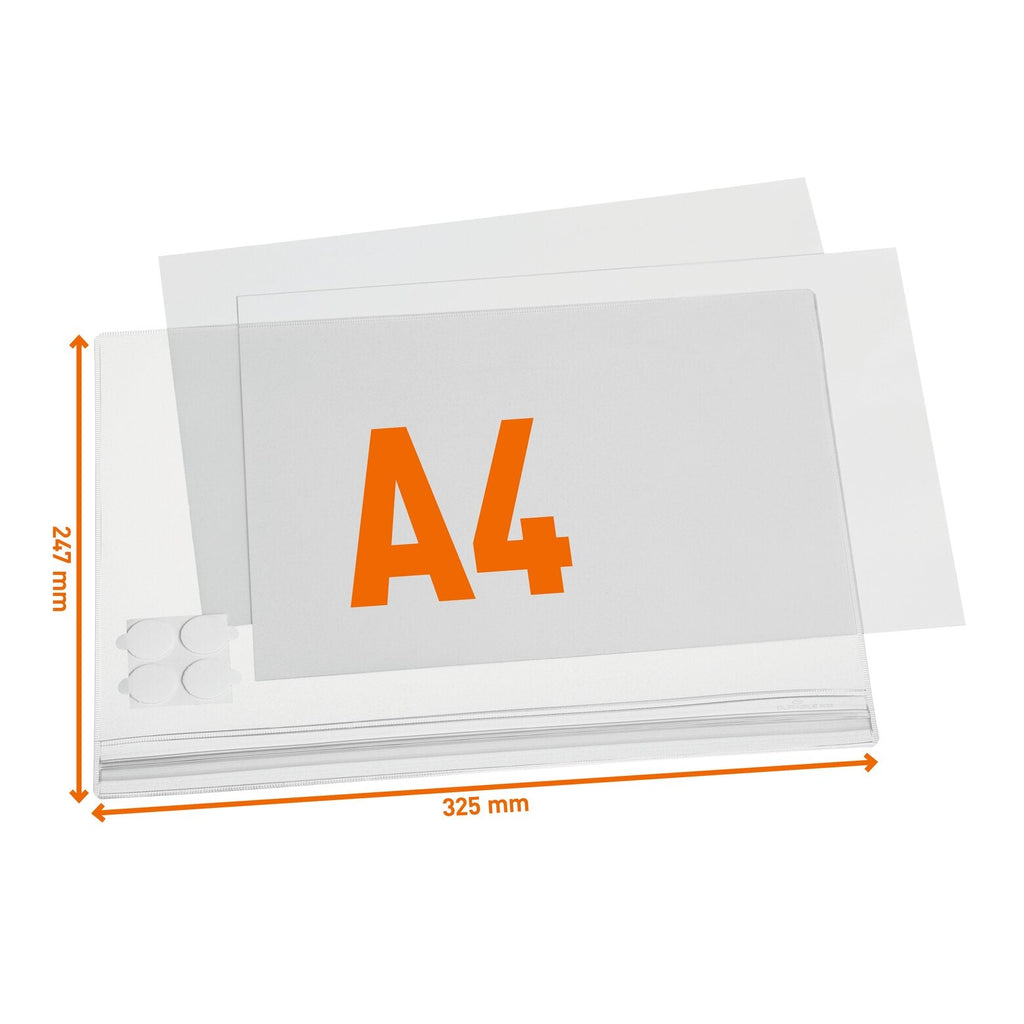 Durable A4 water-resistant self-adhesive pocket with outer dimensions 247 x 325 mm marked