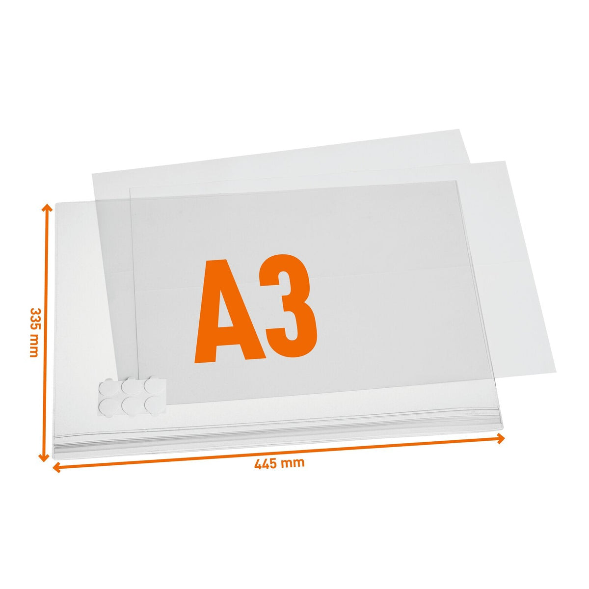 Durable A3 water-resistant self-adhesive pocket with outer dimensions 335 x 445 mm marked