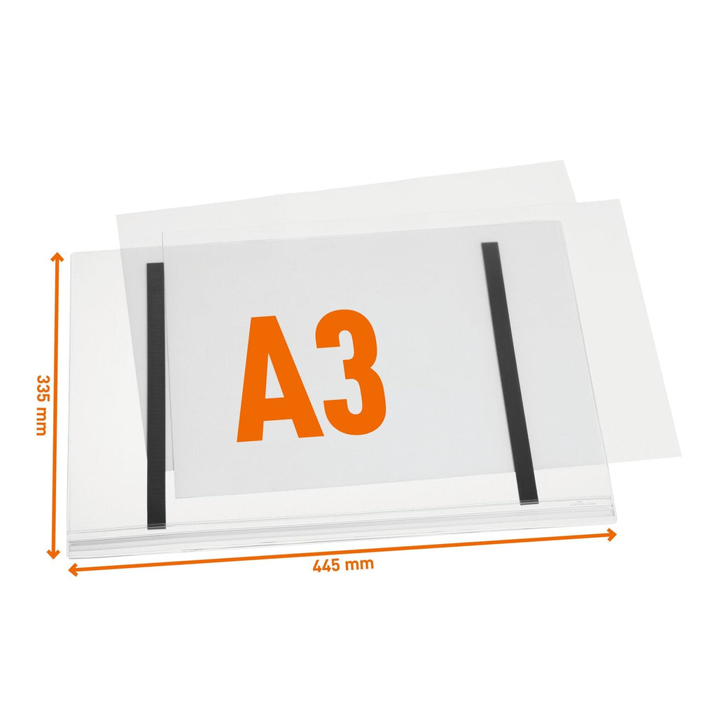 Durable A3 water-resistant magnetic pocket with outer dimensions 335 x 445 mm marked