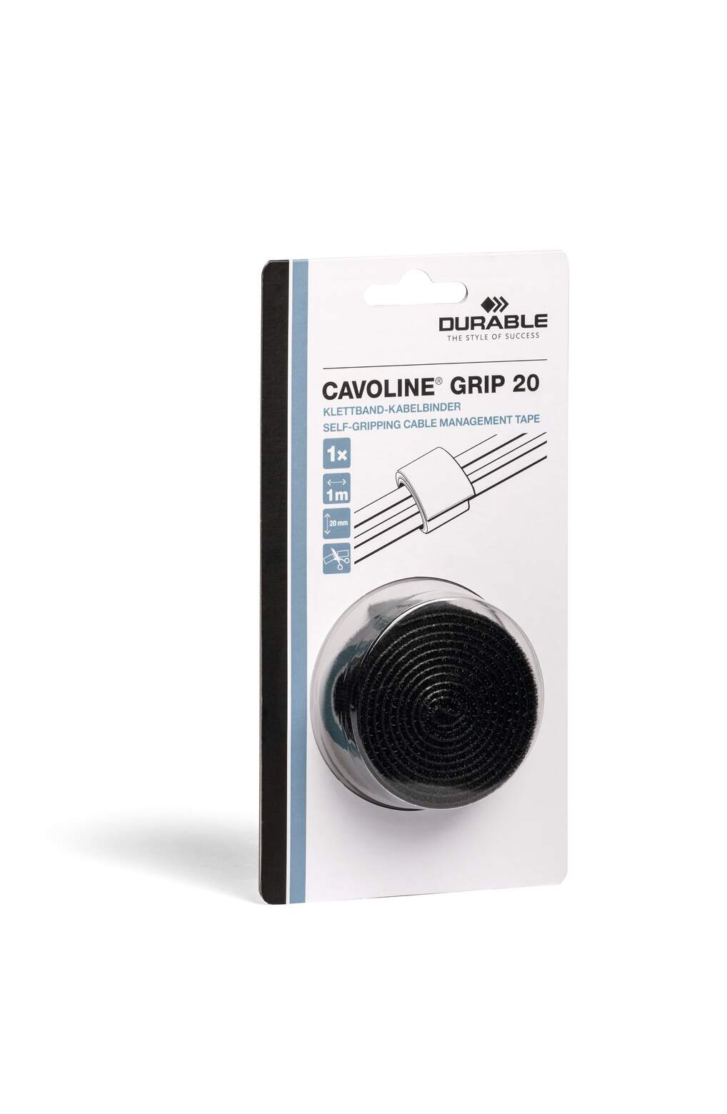 Durable CAVOLINE GRIP 20 retail pack marked 1x and 1 m with a black hook and loop tape roll