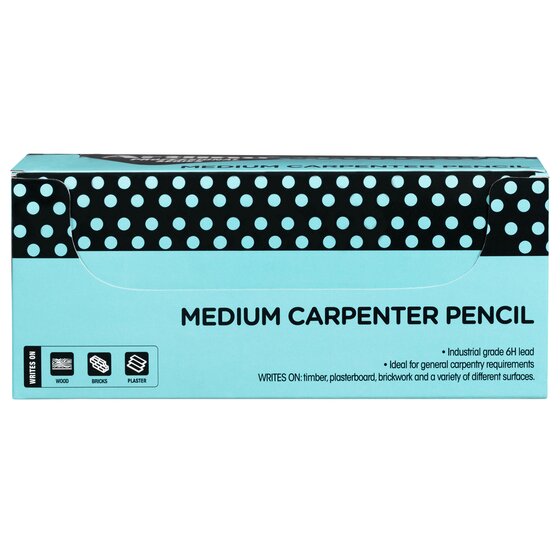 Front panel of the Artline Medium Carpenter Pencil box listing industrial grade 6H lead and writes on timber