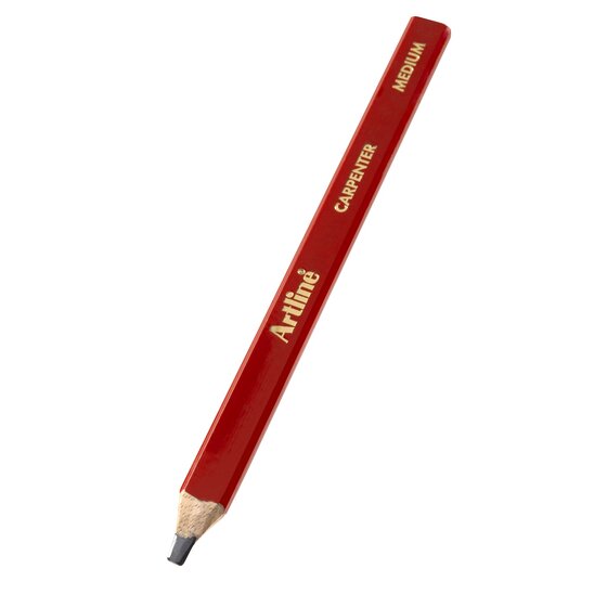 Red Artline carpenter pencil shown at an angle with a sharpened point, printed Carpenter Medium