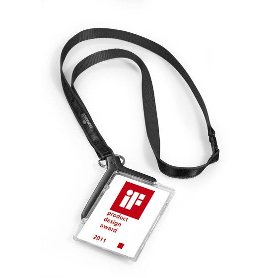 Durable Deluxe card holder on a charcoal textile necklace with a sample insert printed with a design award logo