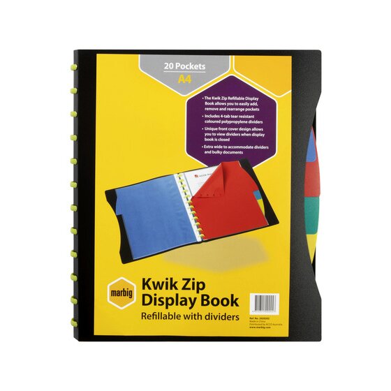 Marbig Kwik Zip Refillable Display Book 20 Pocket A4 with PP Dividers Black