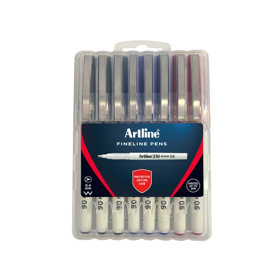 Artline 210 fineliners in a clear case, card printed PROTECTIVE ARTLINE CASE with a 0.4 mm badge and 0.6 pen barrels