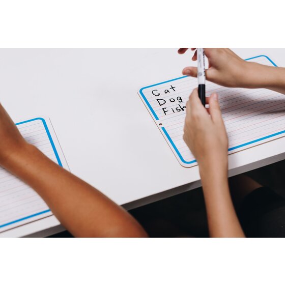 Two pupils at a white table writing Cat, Dog and Fish on the lined face of a Quartet QTLB2330 lap board with a blue border, a second lined board beside it