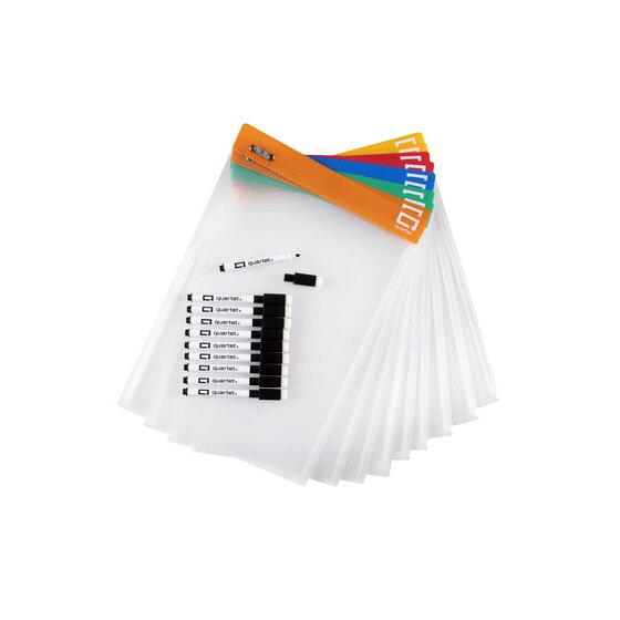 Stack of Quartet Flex A4 pocket sleeves with coloured top edges and a row of Quartet dry erase markers