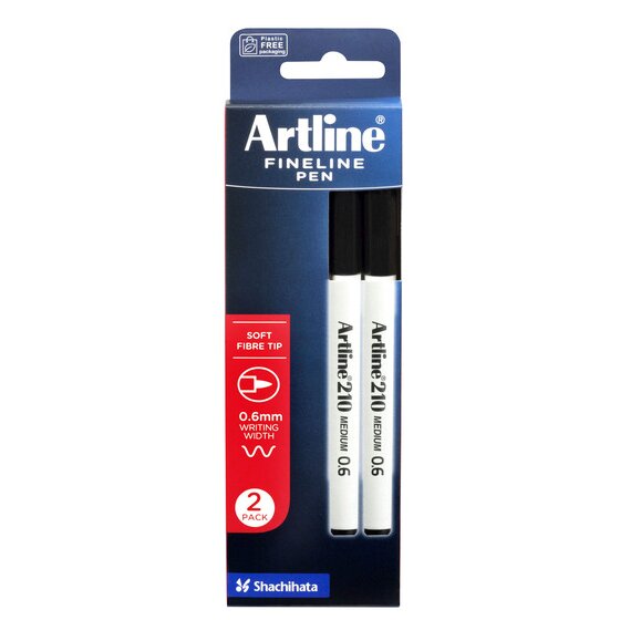 Front of the Artline 210 hanging box marked 2 PACK, SOFT FIBRE TIP and 0.6mm WRITING WIDTH with black pens in the window