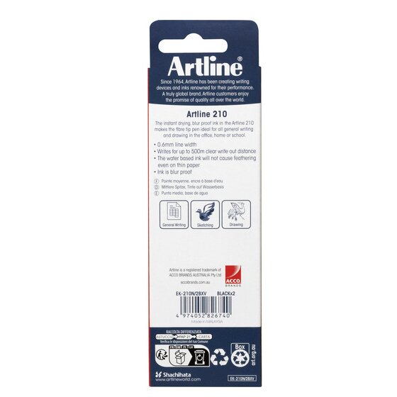 Back of the Artline 210 2 pack with feature text, EK-210N/2BXV BLACKx2, barcode and Made in MALAYSIA