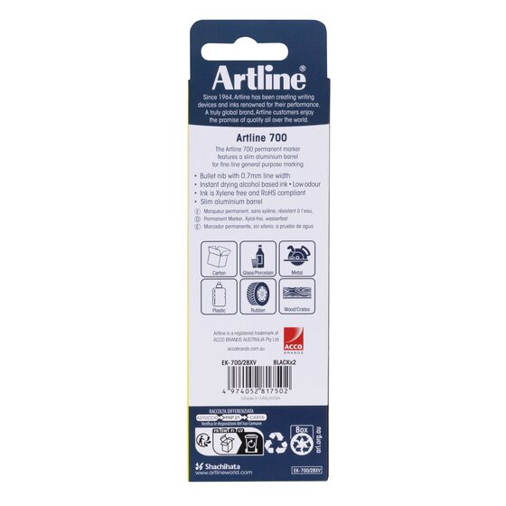 Back of the Artline 700 Black 2 Pack card with surface icons, EK-700/2BXV BLACKx2 label and barcode