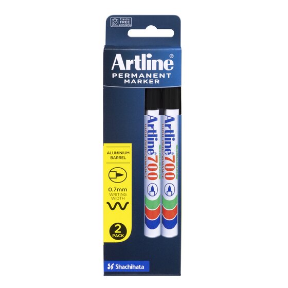 Artline 700 Black 2 Pack card front showing two black markers, Aluminium Barrel and 0.7mm writing width badges