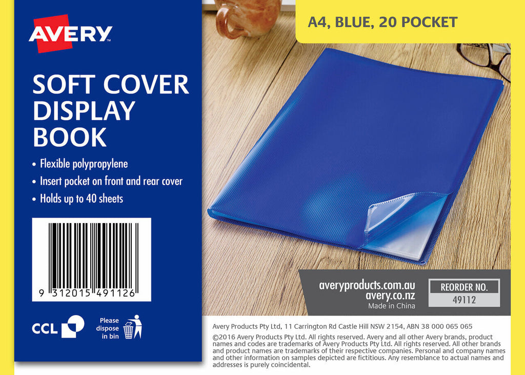Avery Display Book Soft Cover A4 20 Pocket Blue
