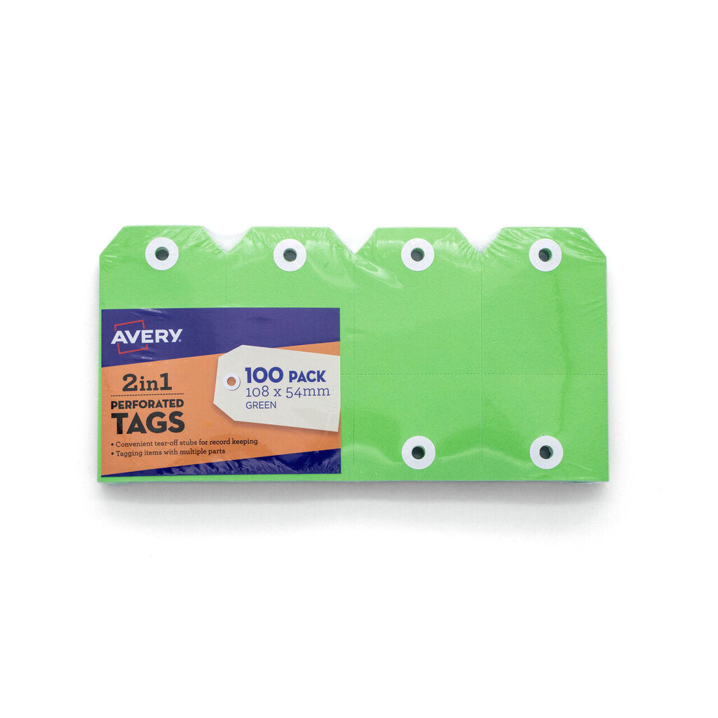 Avery Green 2in1 Perforated Tag 54x108mm 100 Pack
