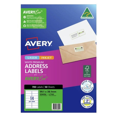 Avery Premium Address Labels with AveryEco L7163 99.1 x 38.1mm 14UP Pack 700